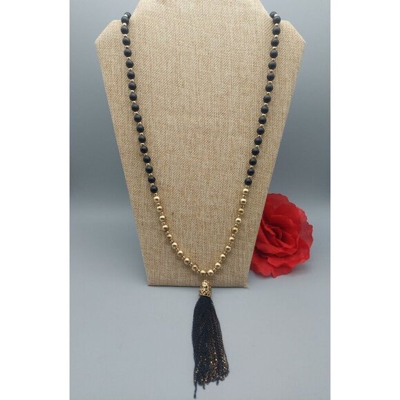 Charming Charlie Gold Tone & Black Long Beaded Necklace Chain Tassel Pendant 34" - Picture 3 of 8